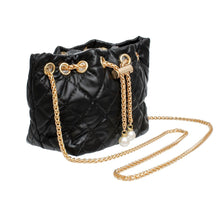 Load image into Gallery viewer, Mini Bucket Black Quilted Gold Camellia Luxe Bag
