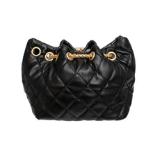 Load image into Gallery viewer, Mini Bucket Black Quilted Gold Camellia Luxe Bag
