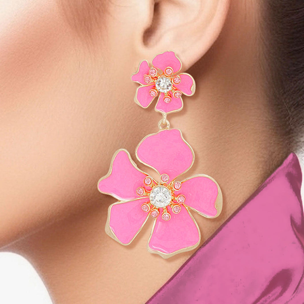 Drop Pink Gold Tropical Flower Earrings for Women