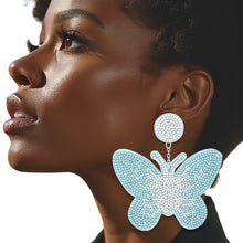 Load image into Gallery viewer, Drop Blue Butterfly Rhinestone Fabric Earrings

