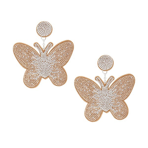 Drop Brown Butterfly Rhinestone Fabric Earrings