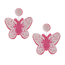 Load image into Gallery viewer, Drop Fuchsia Butterfly Rhinestone Fabric Earrings
