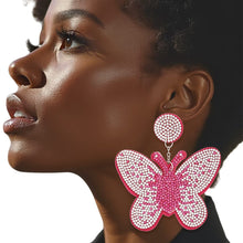 Load image into Gallery viewer, Drop Fuchsia Butterfly Rhinestone Fabric Earrings
