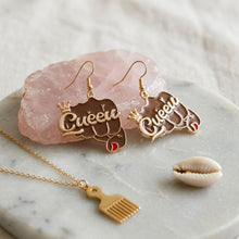 Load image into Gallery viewer, Gold Queen Raised Fist Fish Hook Earrings
