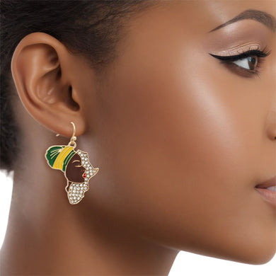 Fish Hooks Gold African Woman Rhinestone Earrings