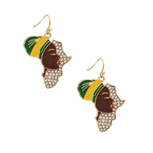 Load image into Gallery viewer, Fish Hooks Gold African Woman Rhinestone Earrings
