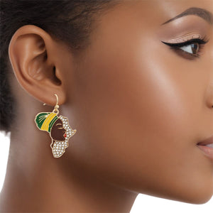 Fish Hooks Gold African Woman Rhinestone Earrings