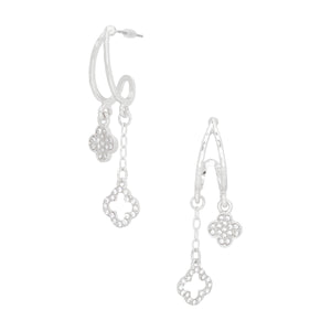 Dangle Silver Pave Clover Half Hoop Earrings Women