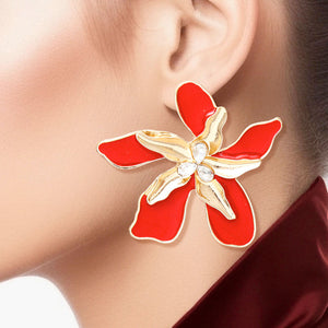 Studs Red Gold Tropical Flower Earrings for Women