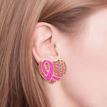 Load image into Gallery viewer, Studs Gold Heart Pink Stone Cancer Ribbon Earrings
