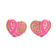 Load image into Gallery viewer, Studs Gold Heart Pink Stone Cancer Ribbon Earrings
