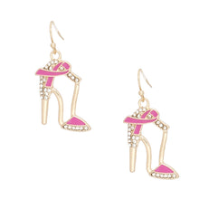 Load image into Gallery viewer, Breast Cancer Fish Hook Gold Heel Ribbon Earrings

