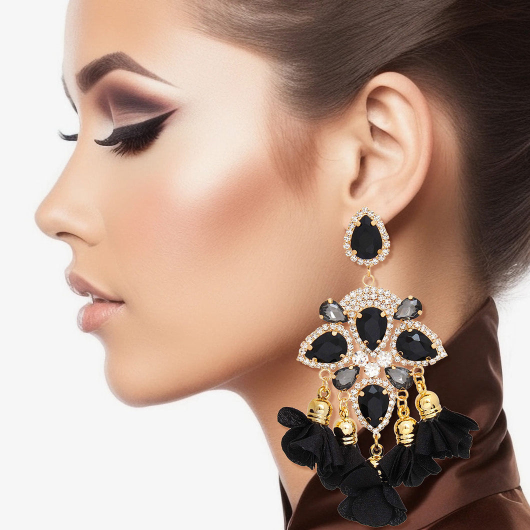 Dangle Black Crystal Petal Tassel Earrings Women
