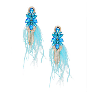 Tassel Blue Feather Glass Earrings for Women