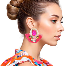 Load image into Gallery viewer, Studs Fuchsia Crystal Fan Tassel Floral Earrings
