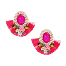 Load image into Gallery viewer, Studs Fuchsia Crystal Fan Tassel Floral Earrings
