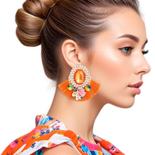 Load image into Gallery viewer, Studs Orange Crystal Fan Tassel Floral Earrings
