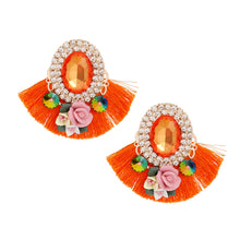 Load image into Gallery viewer, Studs Orange Crystal Fan Tassel Floral Earrings
