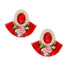 Load image into Gallery viewer, Studs Red Crystal Fan Tassel Floral Earrings
