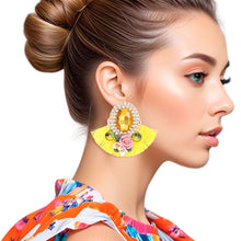 Load image into Gallery viewer, Studs Yellow Crystal Fan Tassel Floral Earrings
