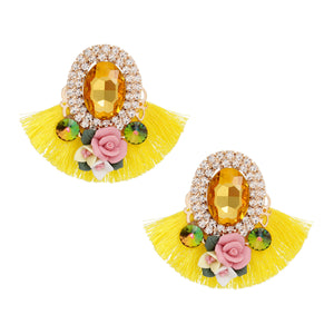 Studs Yellow Crystal Fan Tassel Floral Earrings