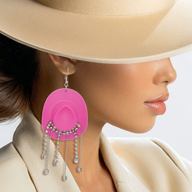 Fish Hook Fuchsia Cowgirl Hat Fringe Earrings