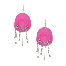 Load image into Gallery viewer, Fish Hook Fuchsia Cowgirl Hat Fringe Earrings
