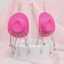 Load image into Gallery viewer, Fish Hook Fuchsia Cowgirl Hat Fringe Earrings
