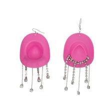 Load image into Gallery viewer, Fish Hook Fuchsia Cowgirl Hat Fringe Earrings
