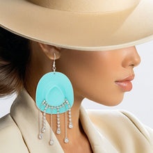 Load image into Gallery viewer, Fish Hook Turquoise Cowgirl Hat Fringe Earrings
