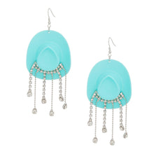 Load image into Gallery viewer, Fish Hook Turquoise Cowgirl Hat Fringe Earrings
