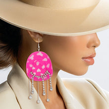 Load image into Gallery viewer, Fish Hook Fuchsia White Cowgirl Hat Fringe Earring
