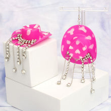Load image into Gallery viewer, Fish Hook Fuchsia White Cowgirl Hat Fringe Earring
