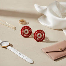 Load image into Gallery viewer, Clip On Red Glass Teardrop Radiant Round Earrings
