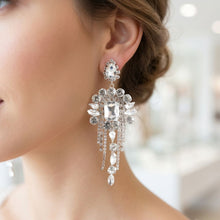 Load image into Gallery viewer, Silver Arched Glass Crystal Chandelier Earrings
