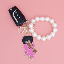 Load image into Gallery viewer, Keychain Gold Pink Ribbon Diva Pearl Wristlet
