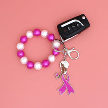 Load image into Gallery viewer, Keychain Silver Pink Ribbon Mixed Pearl Wristlet
