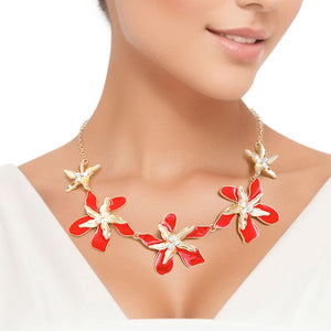 Necklace Red Gold Tropical Flower for Women