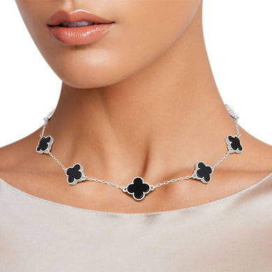 Necklace Silver Black Quatrefoil Clover 7 Motifs