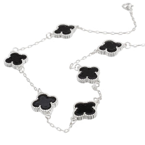 Necklace Silver Black Quatrefoil Clover 7 Motifs