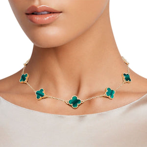 Necklace Gold Green Quatrefoil Clover 7 Motifs