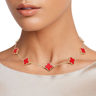 Necklace Gold Red Quatrefoil Clover 7 Motifs