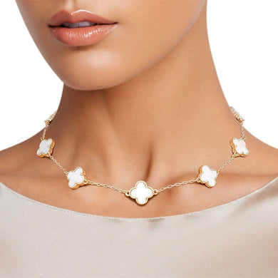 Necklace Gold White Quatrefoil Clover 7 Motifs