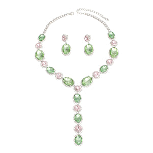 AKA Sorority Formal Pink Green Crystal Y Necklace