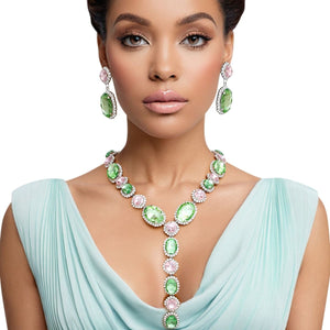 AKA Sorority Formal Pink Green Crystal Y Necklace