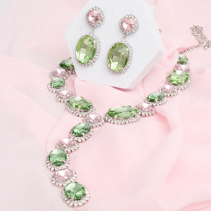 AKA Sorority Formal Pink Green Crystal Y Necklace