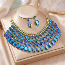 Load image into Gallery viewer, Blue Oval Glass Crystal 6 Row Formal Necklace Set
