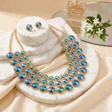 Load image into Gallery viewer, Green Glass Halo Crystal 3 Row Collar Necklace
