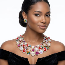 Load image into Gallery viewer, Multicolor Glass Halo Crystal 3 Row Collar Necklace
