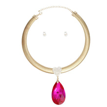 Load image into Gallery viewer, Omega Chain Pave Heart Fuchsia Teardrop Pendant
